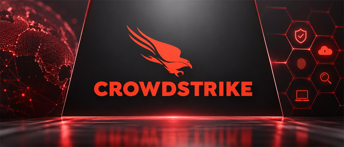 CrowdStrike logo displayed on a dark panel with a red digital globe and cybersecurity icons in the background.