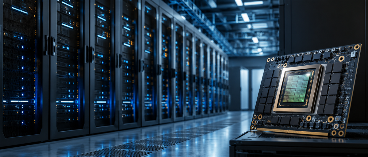 Computer chip on a circuit board displayed in front of illuminated server racks in a data center.