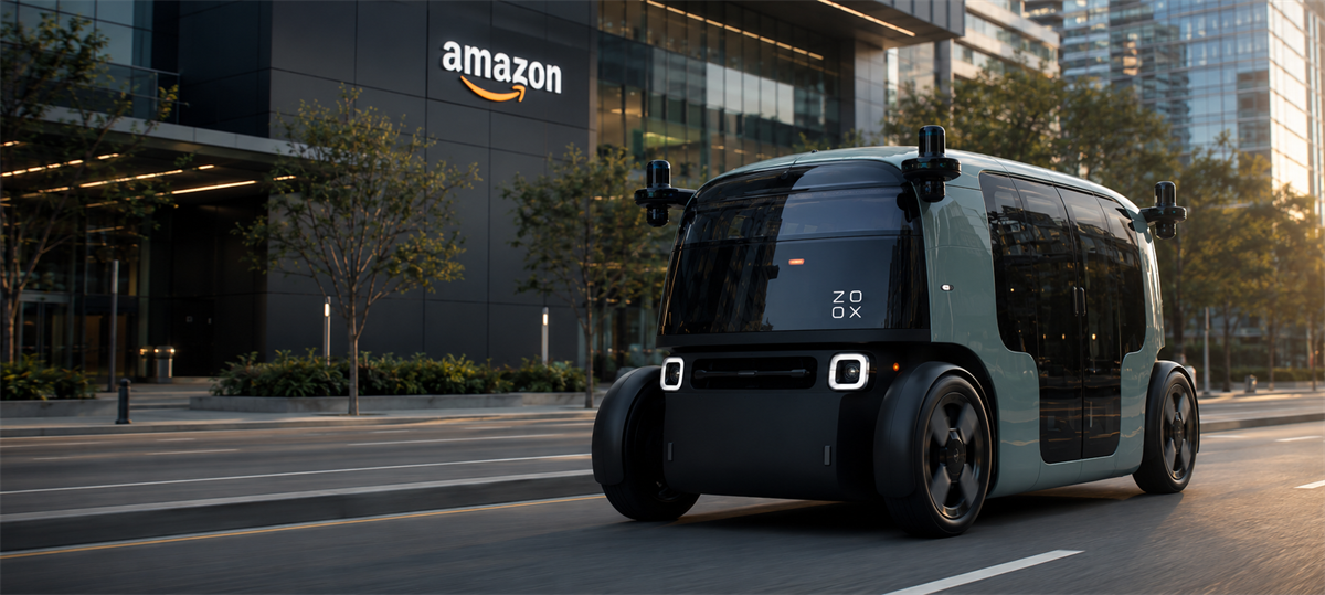 A Zoox autonomous vehicle drives on a city street in front of an Amazon office building with logo.
