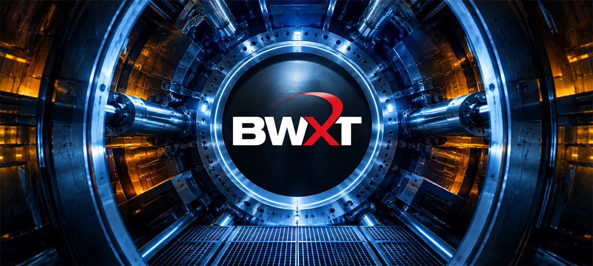 BWXT logo centered inside a circular industrial reactor or turbine chamber with metallic blue and orange lighting.