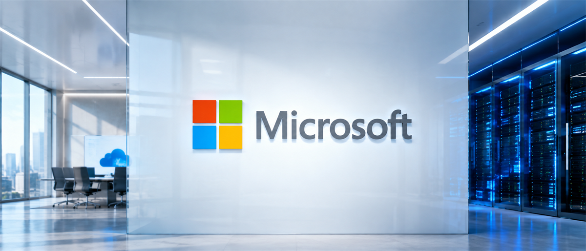 Microsoft logo displayed on a glass wall in an office setting, with a data center visible nearby.