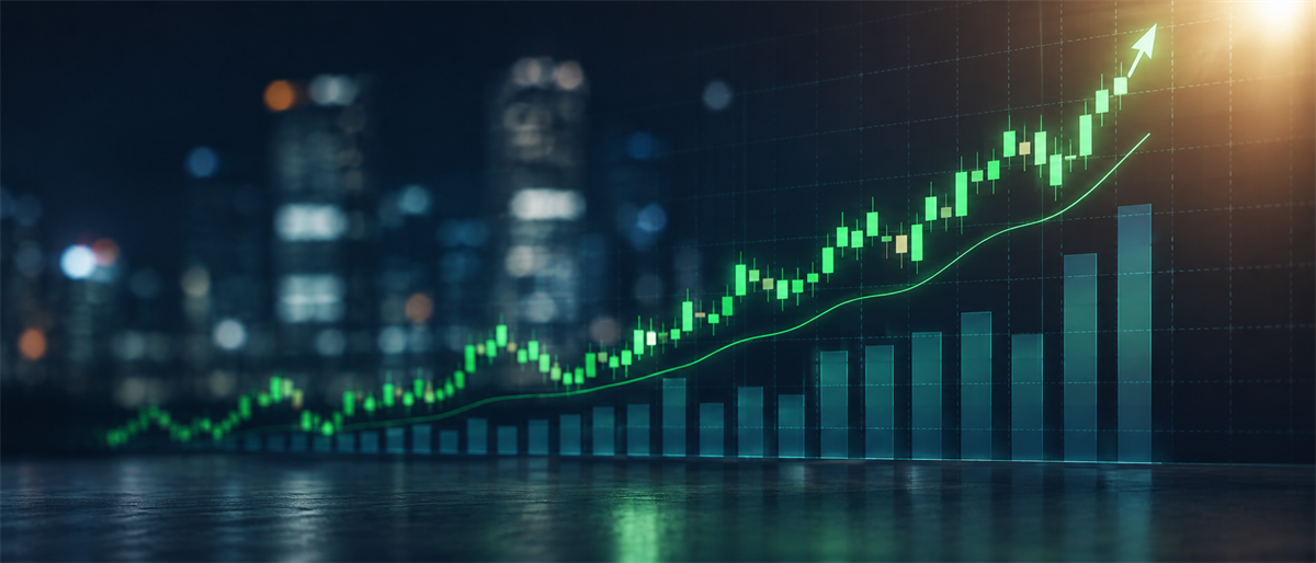 Illustration of an upward-trending candlestick stock chart and rising bar graph overlaid on a blurred city skyline at night.