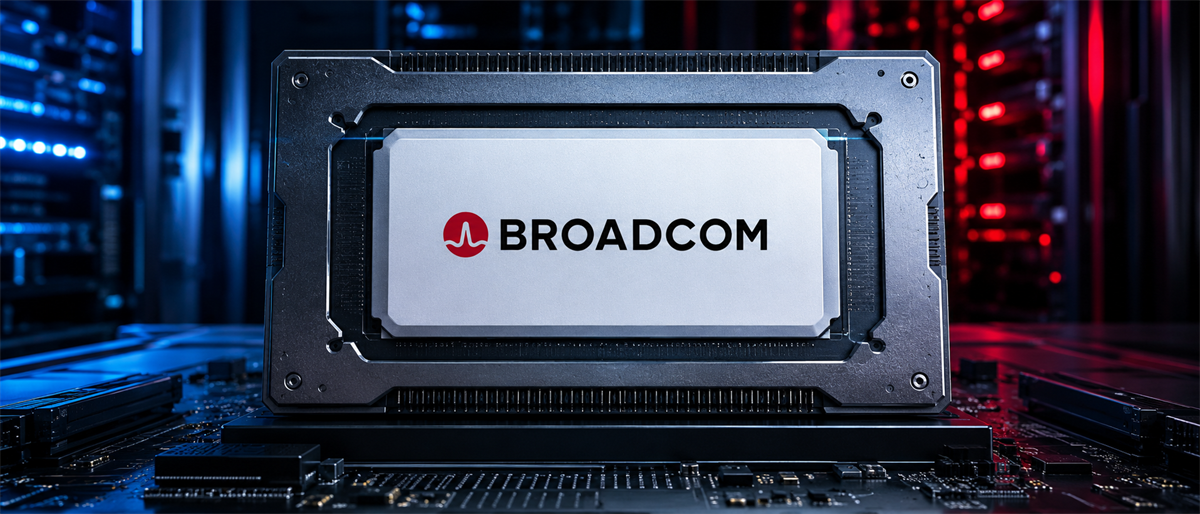 Broadcom logo displayed on a computer chip mounted on a circuit board in a data center setting.