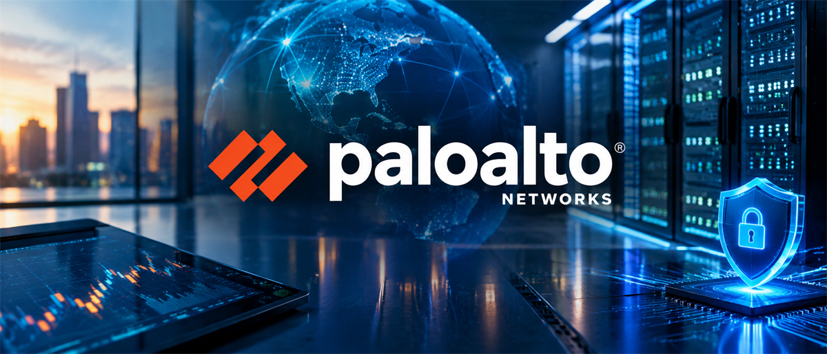 Palo Alto Networks logo with a digital globe, security shield icon, server racks, and a stock chart display.