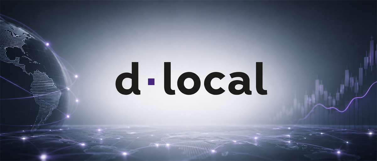 dLocal logo centered over a globe graphic and rising stock price candlestick chart background.