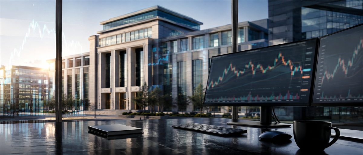 Office desk with dual monitors displaying stock candlestick charts, overlooking a corporate office building through floor-to-ceiling windows.