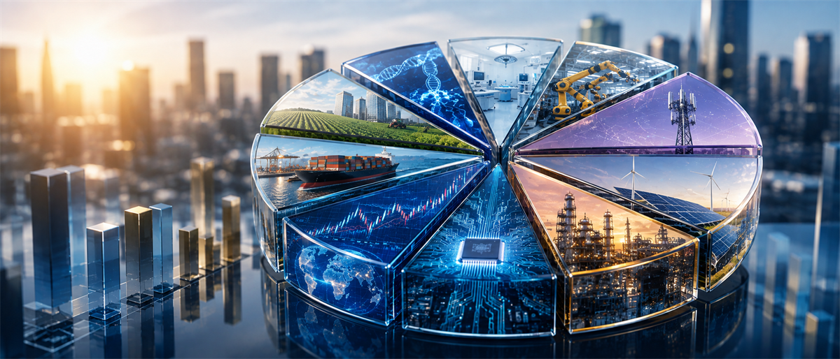 Conceptual pie chart with segments depicting industry sectors like agriculture, shipping, energy, robotics, and technology against a city skyline.