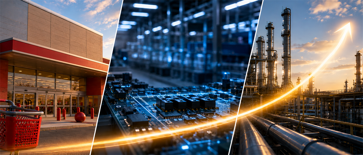 Three-panel composite of a retail store, an electronics circuit board factory, and an oil refinery, joined by an upward arrow line.
