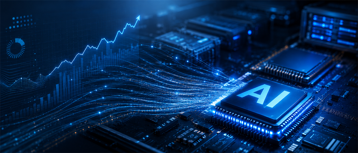 Conceptual illustration of an AI processor chip on a circuit board with an upward-trending stock chart overlay.