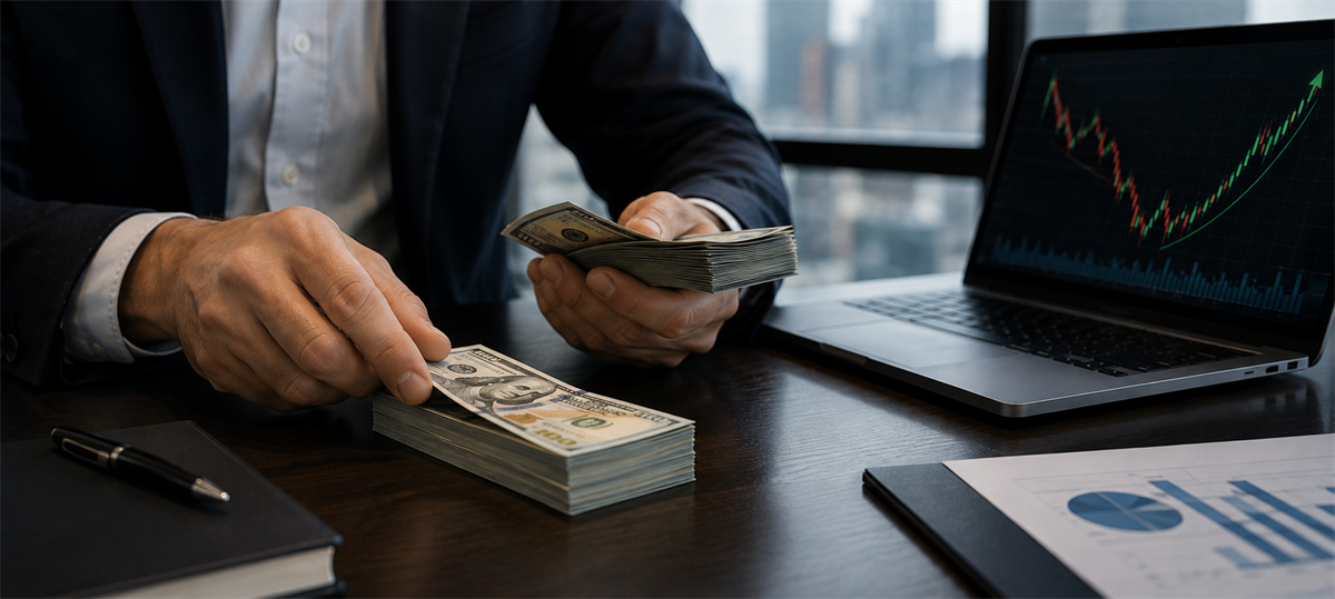 Businessman in a suit counts hundred-dollar bills at a desk with a laptop showing an upward stock chart.