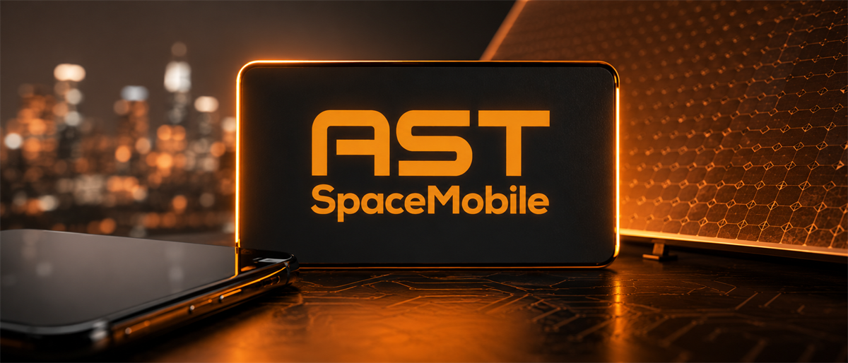 AST SpaceMobile logo displayed on a smartphone screen with a satellite panel and city skyline in background.