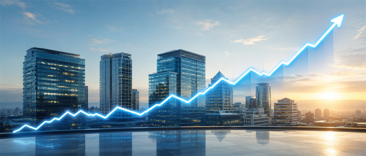 Illustration of an upward-trending stock chart line overlaid on a city skyline of office towers at sunset.
