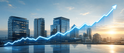 Illustration of an upward-trending stock chart line overlaid on a city skyline of office towers at sunset.