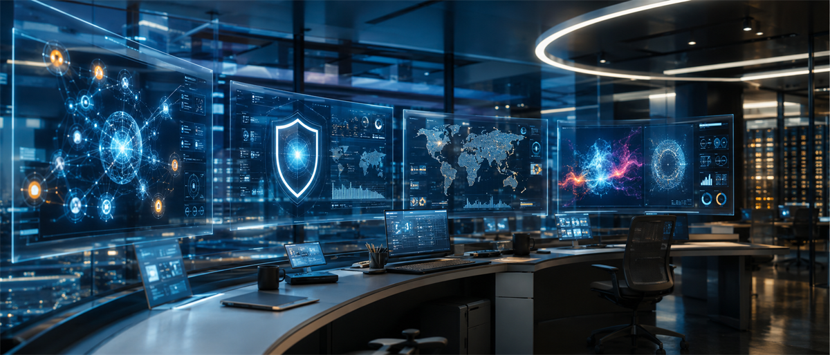 Illustration of a futuristic control room with translucent screens displaying network, security, and world map data visualizations.
