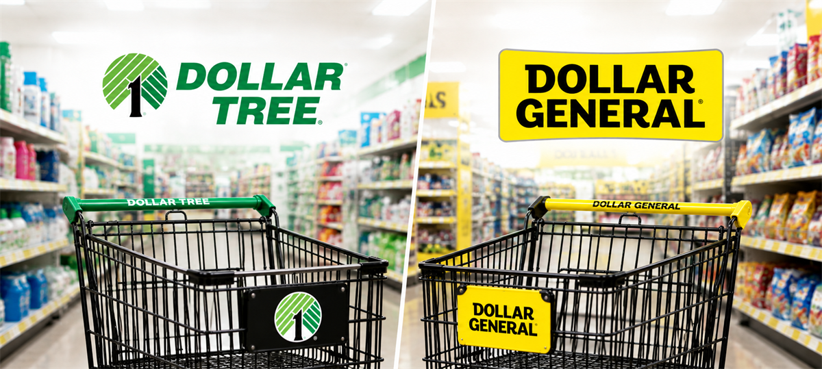 Split image comparing Dollar Tree and Dollar General logos with branded shopping carts inside store aisles.