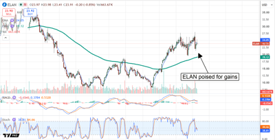 ELAN chart displaying several years of trading history, with annotation reading "ELAN poised for gains."