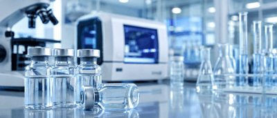 Glass vials, flasks, test tubes, and a microscope in a laboratory setting with scientific analysis equipment.