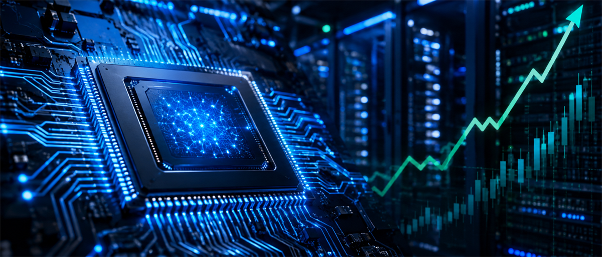 Illustration of a computer chip on a circuit board with an upward green stock chart line in a server room.