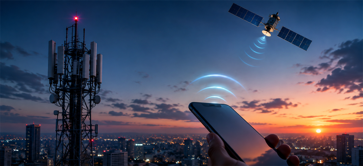 Illustration of a satellite beaming signal to a smartphone and cell tower above a city skyline at dusk.