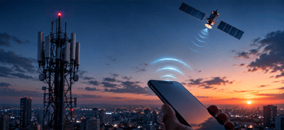 Illustration of a satellite beaming signal to a smartphone and cell tower above a city skyline at dusk.