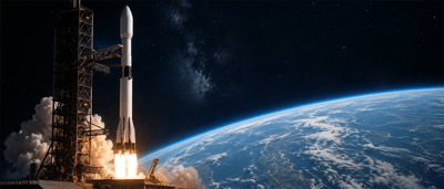 Composite image of a rocket launching from a tower with flames and smoke, Earth's curvature visible in the background.