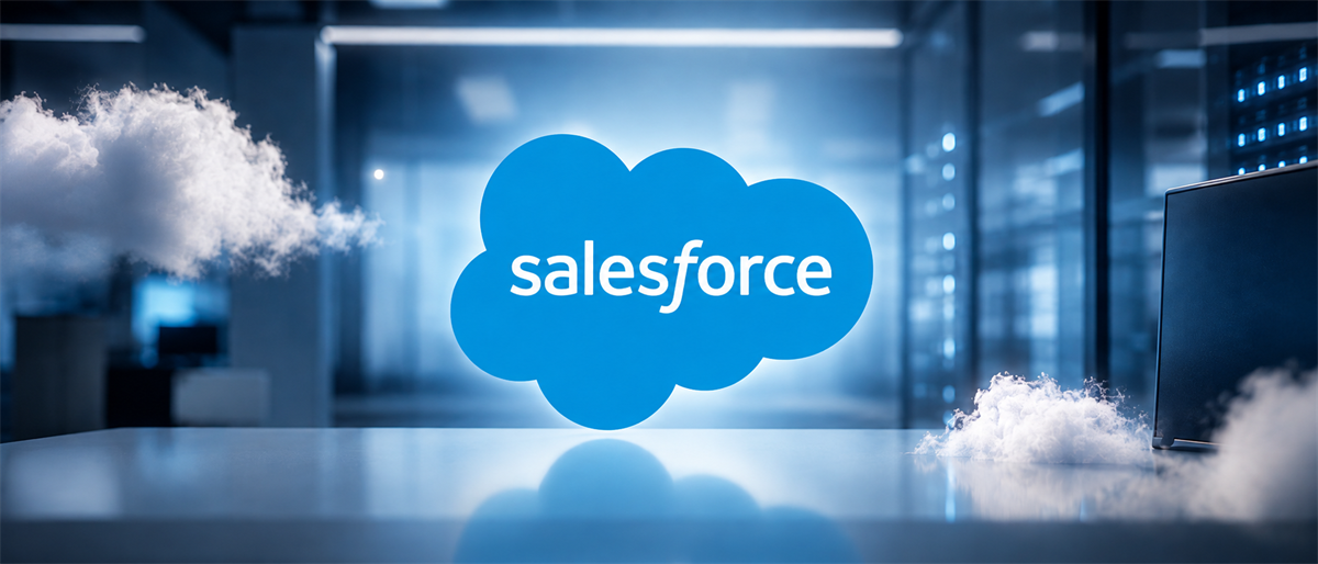 Salesforce logo displayed as a cloud shape on a table in a blurred office setting with server equipment.