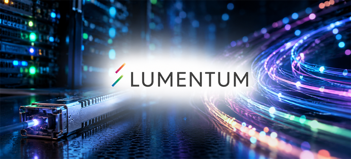 Lumentum logo displayed among illuminated fiber optic cables and a network transceiver in a data center.