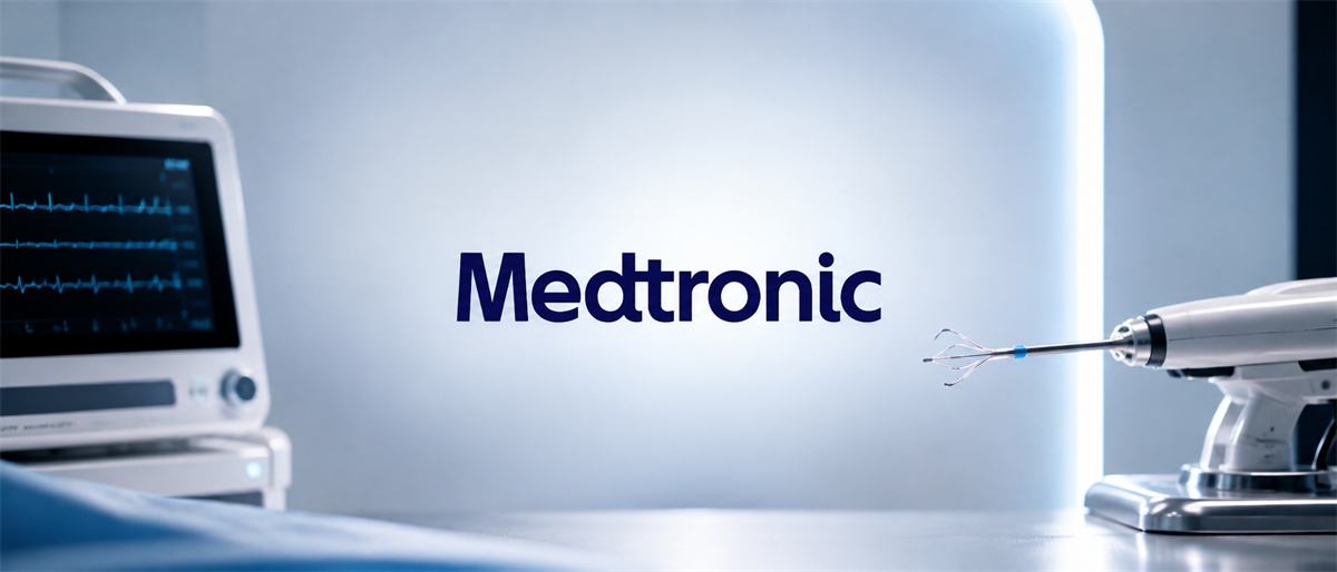 Medtronic logo displayed between a medical monitor showing a heart rhythm and a surgical instrument.