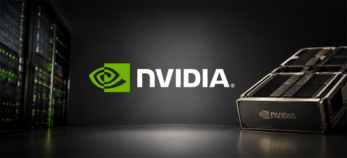 NVIDIA logo displayed with a server rack and a GPU hardware unit in a dark data center setting.