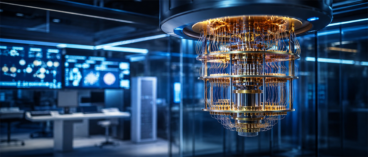A quantum computing processor with layered gold circuitry hangs in a data center with monitors displaying network diagrams.