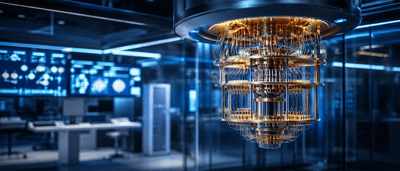 A quantum computing processor with layered gold circuitry hangs in a data center with monitors displaying network diagrams.