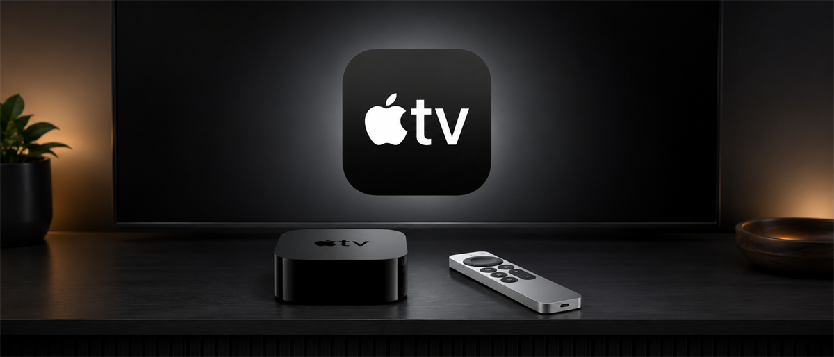 Apple TV set-top box and remote on a media stand, with the Apple TV logo displayed on the screen behind.