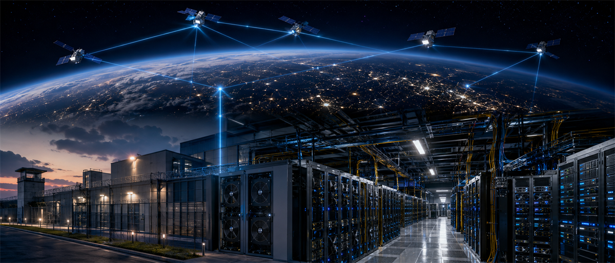 Composite illustration of satellites orbiting Earth connected by data links to a server data center below.