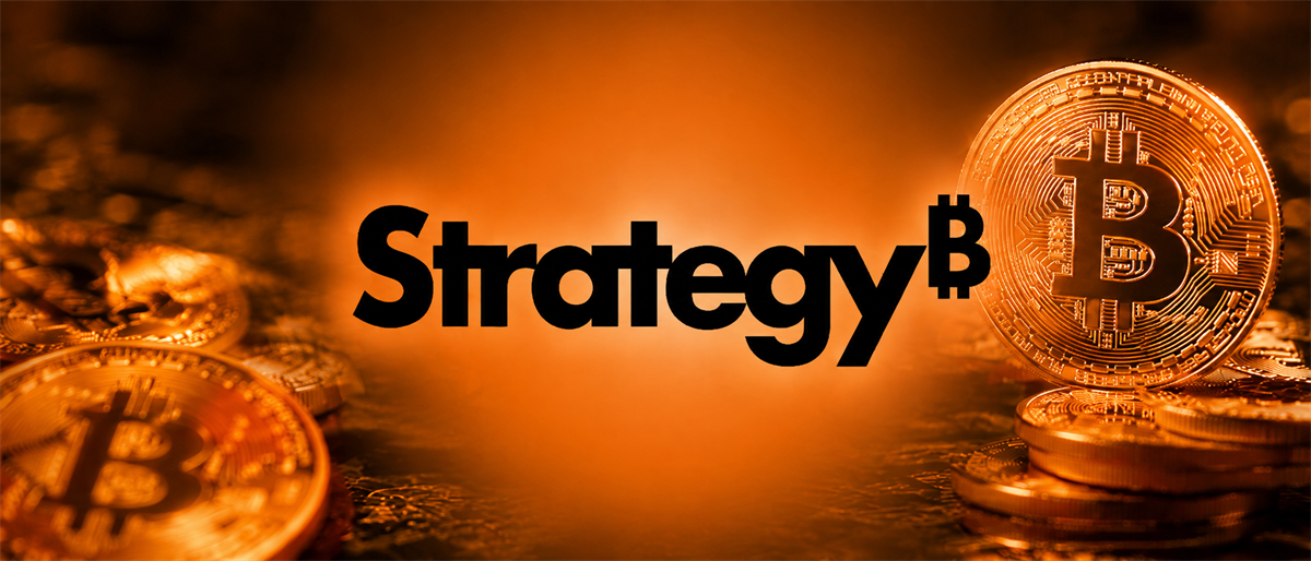 Strategy logo with a bitcoin symbol displayed among stacked bitcoin coins against an orange background.