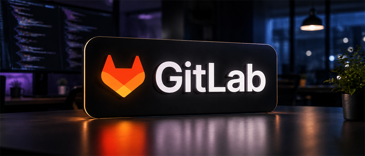 Illuminated GitLab logo sign on a desk in a dimly lit office with a computer screen and plant.