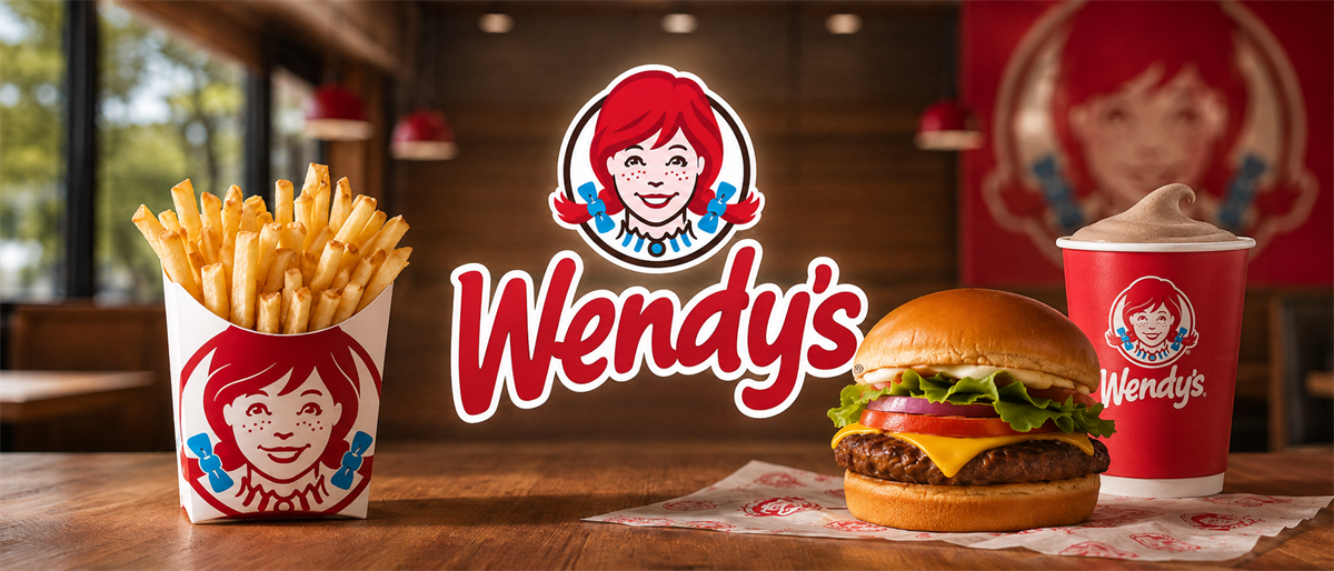 Wendy's logo displayed with fries, a cheeseburger, and a Frosty on a restaurant table.