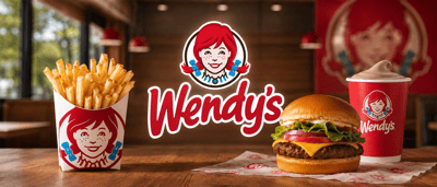 Wendy's logo displayed with fries, a cheeseburger, and a Frosty on a restaurant table.