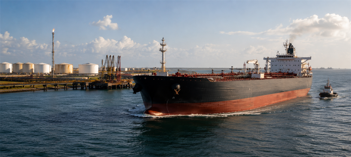 Large oil tanker ship departing a port terminal with storage tanks and cranes visible near the water.
