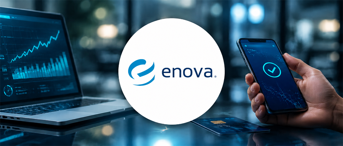 Enova International logo with a laptop displaying an upward stock chart and a hand holding a smartphone.