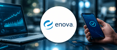 Enova International logo with a laptop displaying an upward stock chart and a hand holding a smartphone.