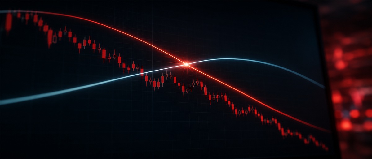 Screen displaying a declining candlestick stock price chart with red downward trend lines crossing a blue moving average.