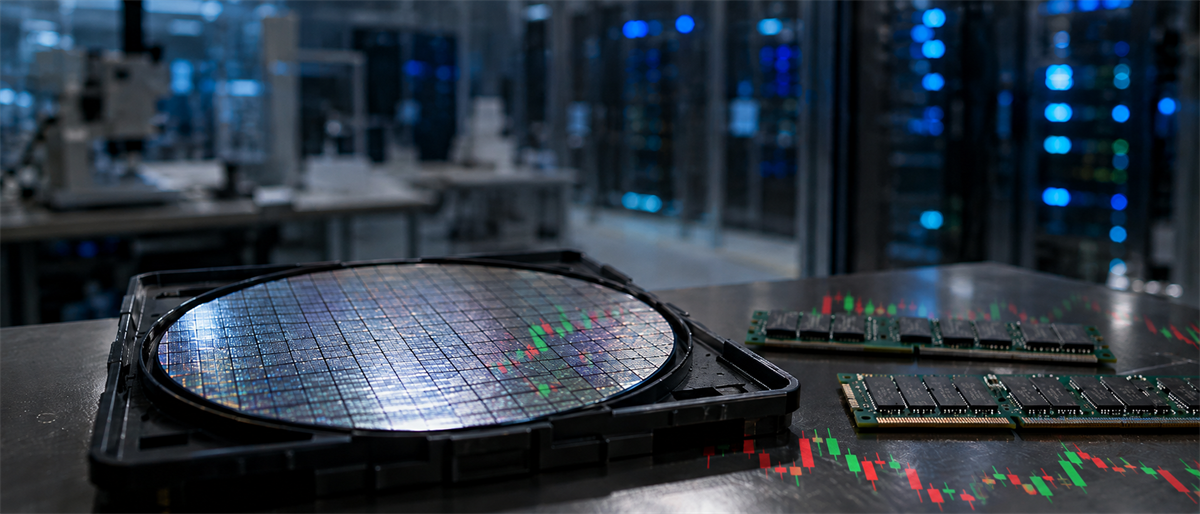 A semiconductor wafer and memory modules on a table with an overlaid stock candlestick chart in a data center setting.