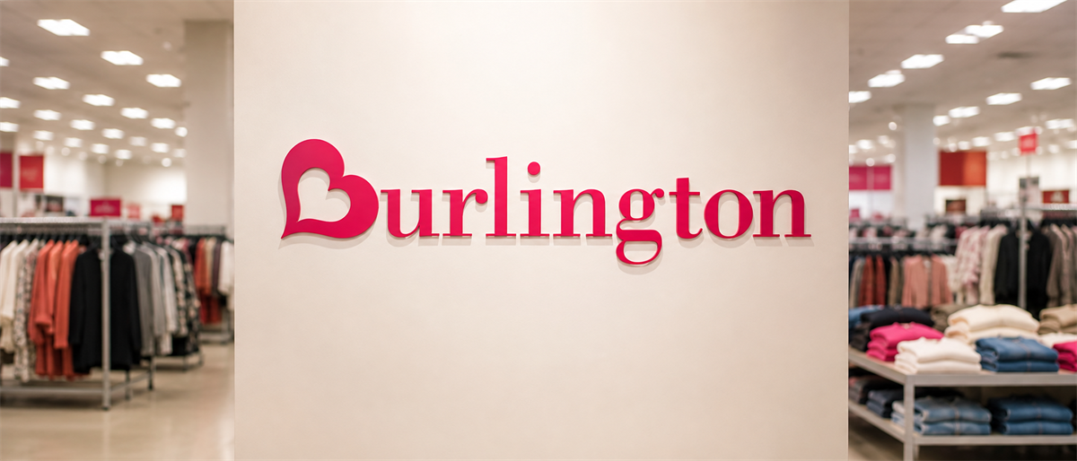 Burlington logo displayed on a wall inside a retail store, with clothing racks visible on both sides.