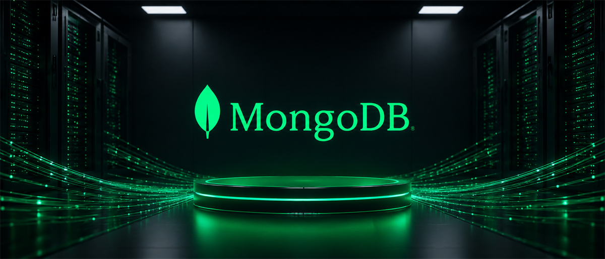 MongoDB logo illuminated in green above a lit pedestal in a server room lined with data racks.