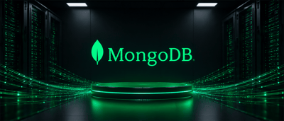 MongoDB logo illuminated in green above a lit pedestal in a server room lined with data racks.