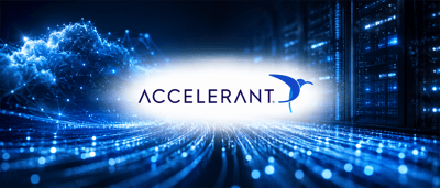 Accelerant logo displayed over a digital background with server racks and glowing data network graphics.