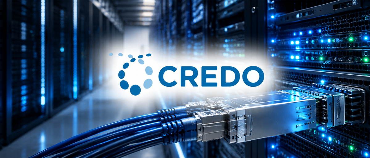 Credo Technology logo displayed over a data center server room with a network cable and transceiver module.