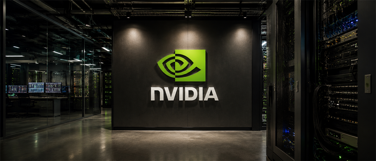 NVIDIA logo displayed on a wall inside a data center with server racks and monitors visible.
