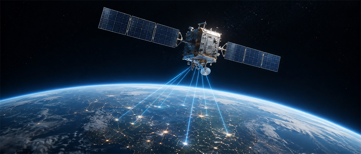 Illustration of a satellite with solar panels orbiting Earth, transmitting blue signal beams toward illuminated city lights.