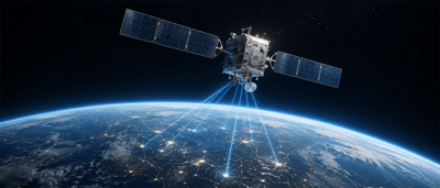 Illustration of a satellite with solar panels orbiting Earth, transmitting blue signal beams toward illuminated city lights.